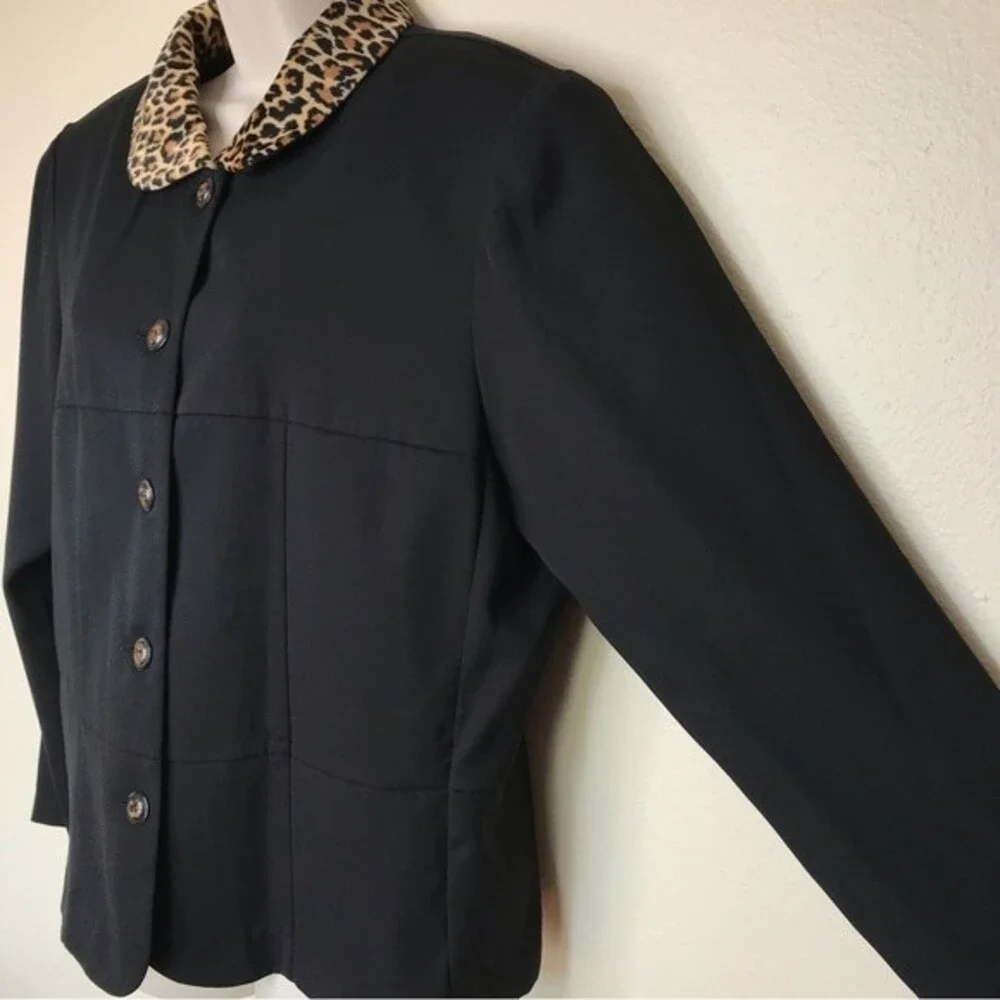 Sag Harbor Leopard Collar Black Button Up Unlined Jacket Long Sleeve Women 16